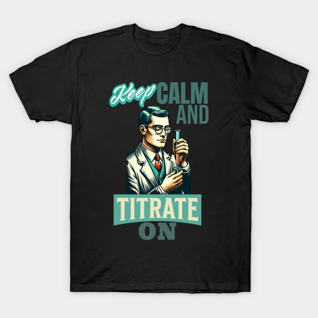 Keep Calm And Titrate On Nerdy Retro Chemistry Man Labcoat T-Shirt by Dezinesbyem Designs